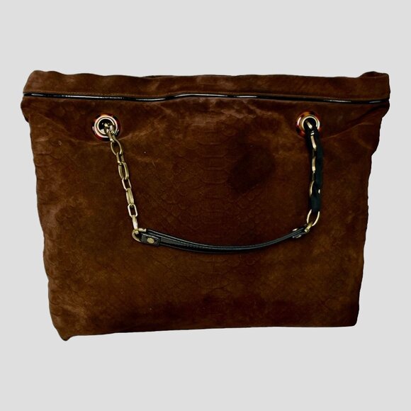 LANVIN "Amalia" Python Print Brown Suede Bucket Shoulder Bag made in Italy 13" H - Picture 11 of 16